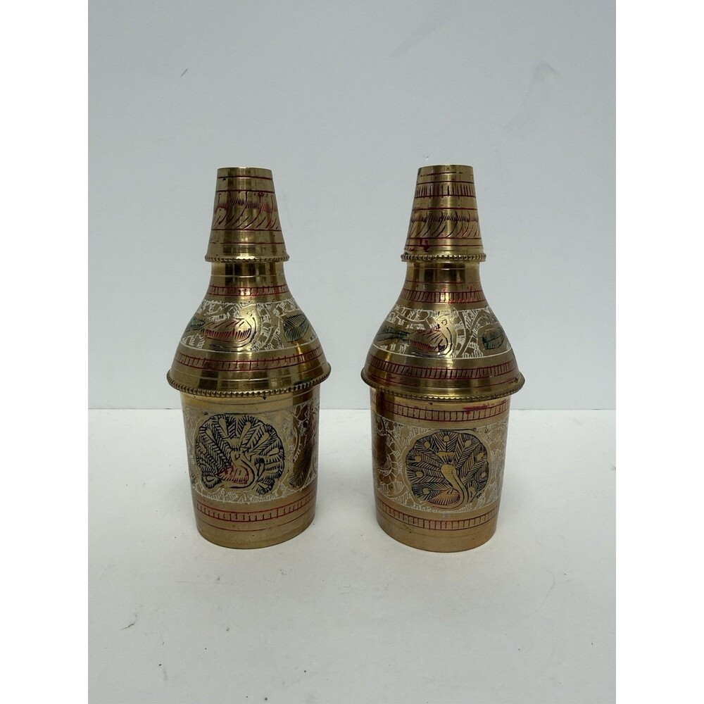 Pair Of Decorative Brass Tone Enamel Bottle Flask Floral Design 5.5” Tall